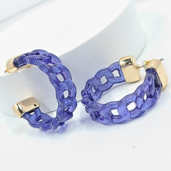 Clear Dark Blue Chain Link Lucite Hoop Earrings - Picture 3 of 9